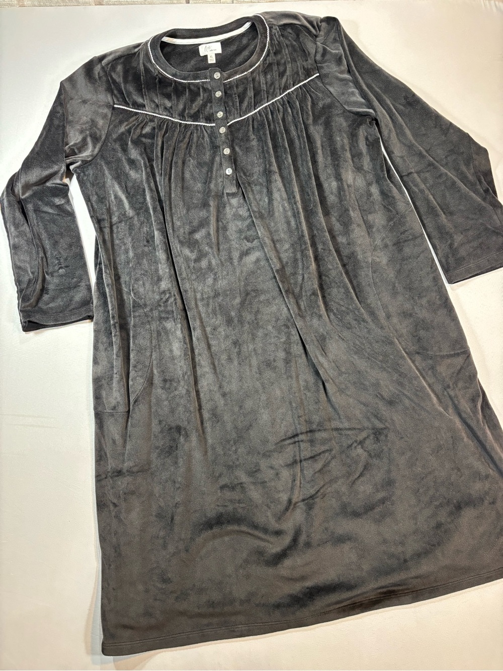 Aria Black Velvet 1/4 Button Long Sleeve Traditional Nightgown with White Piping